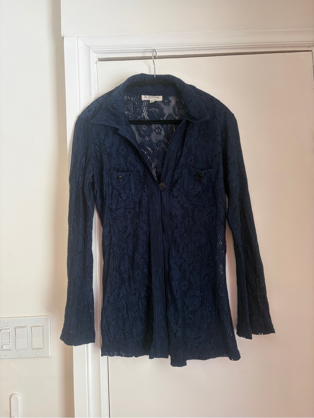 Vintage Le chateau Navy Floral Lace Button-Front cardigan long sleeve top